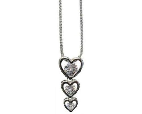 JaxT'drop Hearts Necklace featuring three rhodium-plated teardrop heart pendants with sparkling zircon crystals on a snake chain.