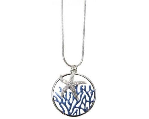 Coral blue pendant necklace featuring a starfish design, adorned with diamantes on a 70 cm adjustable chain.