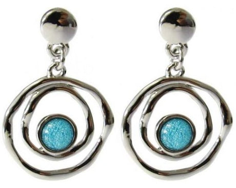 Jax Aqua Enclosed Earrings feature blue marbled resin with an aqua shine in a rhodium finish, measuring 3x2cm.