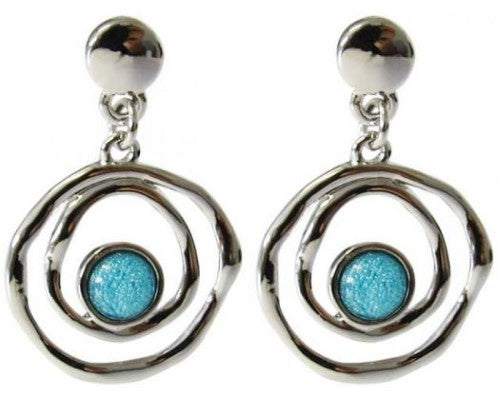 Jax Aqua Enclosed Earrings feature blue marbled resin with an aqua shine in a rhodium finish, measuring 3x2cm.