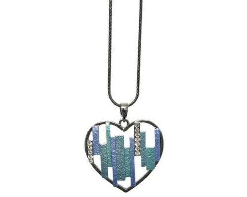 Teal diamante heart pendant on gun metal, hanging from a sleek snake chain; elegant accessory for any occasion.
