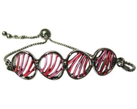 Chic adjustable bracelet featuring four abstract red shells on a sleek black gunmetal drawstring for a stylish look.