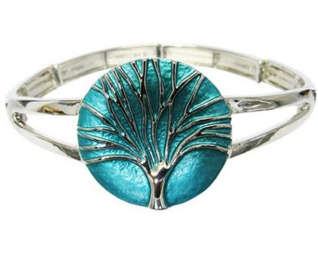 Teal Jax Tree of Life bracelet features a rhodium-plated design, symbolizing growth and harmony, perfect for everyday wear.