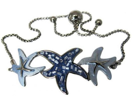 Jax Starfish Bracelet on black with three blue starfish charms, adjustable gun metal drawstring, 22 cm long.