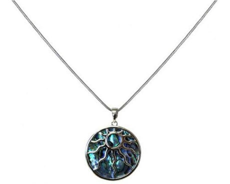 Jax Aztec Sun necklace on faux paua, vibrant 3.5 cm pendant with intricate designs, adjustable 46 cm chain with 7 cm extension.