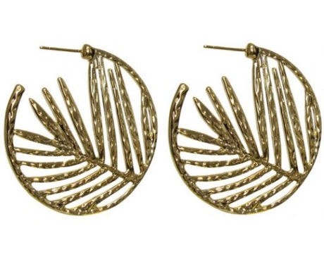 Dangling golden fern earrings by Jax, 4 cm diameter, elegant nature-inspired design for versatile day-to-night wear.