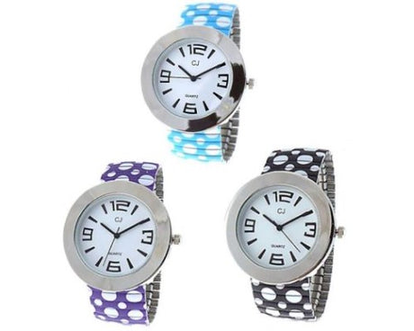 Colorful CJ Polka Dot Set of 4 watches with silver cases, white faces, and fun expandable polka dot straps.