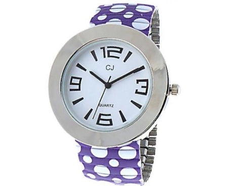 Purple polka dot watch with silver case, white face, and expandable strap for a fun, stylish look.
