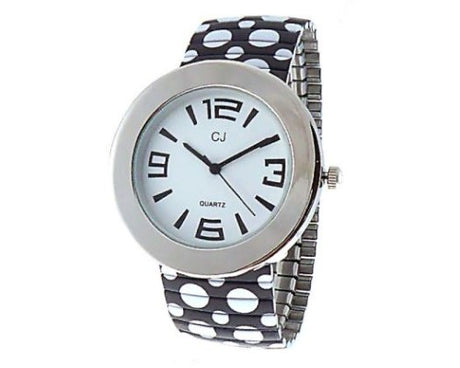 Stylish black and white polka dot watch with silver case, white face, and expandable strap, perfect for any outfit.