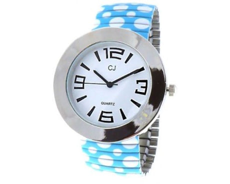 Blue Polka Dot Watch with silver case, white face, black indices, and expandable polka dot strap for stylish comfort.