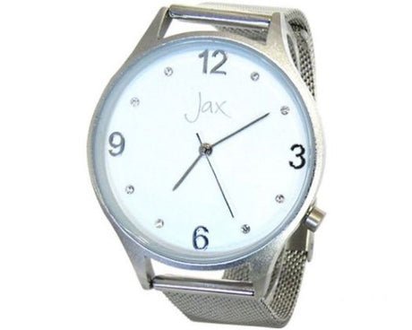 Elegant Jax Diamante Slim Silver Watch with 8 diamantes, 6mm case, mesh band, and Citizen movement.