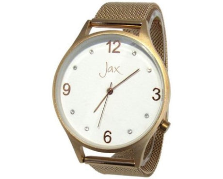 Jax Diamante Slim Rose Gold watch featuring 40mm case, eight sparkly diamantes, slim design, and adjustable mesh band.