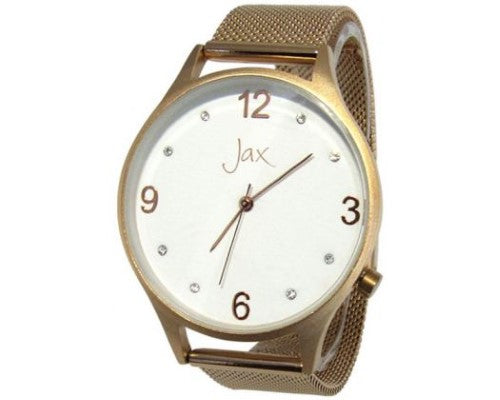 Jax Diamante Slim Rose Gold watch featuring 40mm case, eight sparkly diamantes, slim design, and adjustable mesh band.