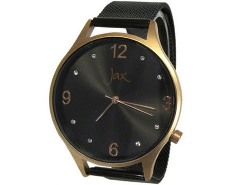 Elegant Jax Diam Slim Black/Rose Gold watch with sparkling diamantes, mesh band, and reliable Japanese movement.