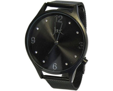 Jax Diamante Slim Black watch with 40mm case, black plating, diamantes, mesh band, and Japan movement for elegant style.