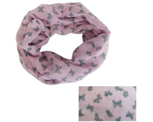 Elegant pink snood with butterfly designs, made from soft polyester, perfect for warmth and trendy layering.