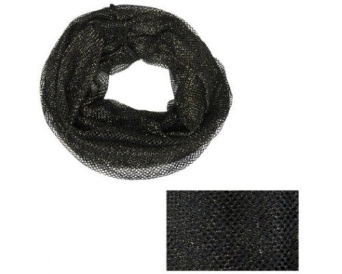 Luxurious metallic gold and black mesh snood scarf, versatile for styling and layering, made of premium polyester.