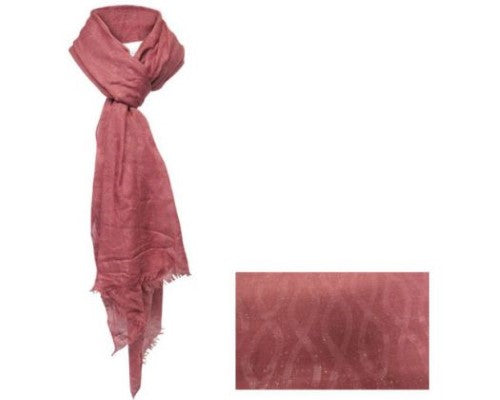 Lightweight plum-red scarf with silver swirls and sparkles, measuring 178 cm x 90 cm, featuring frayed edges.
