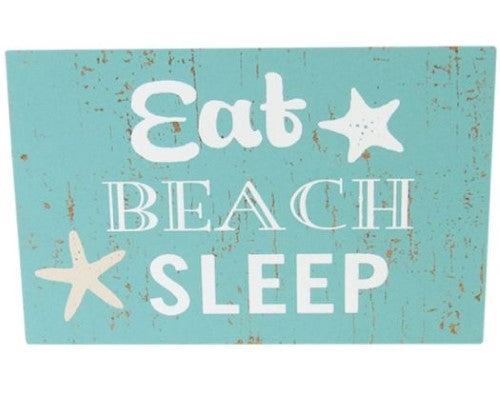 Beach-themed MDF magnet with 'Eat Sleep' text, ideal for home or camper decor, measuring 11 x 7 cm.