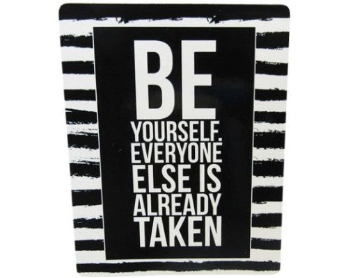 Black and white Cafe Magnet featuring 'Be Yourself' message, perfect for uplifting home decor and holding notes.