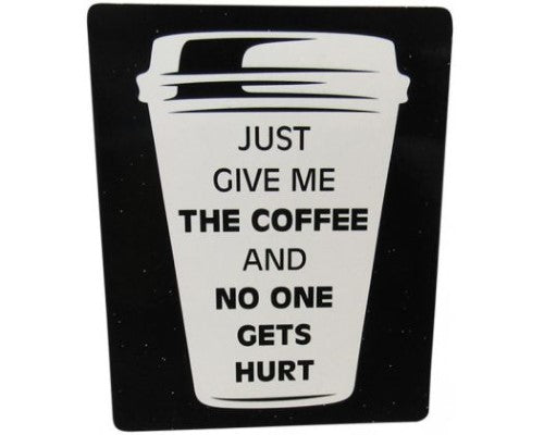Sleek black and white fridge magnet with 'Give Me Coffee' message, ideal for coffee lovers and kitchen decor.