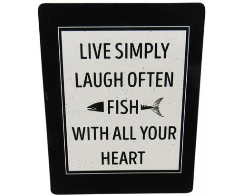 Black and white fridge magnet featuring 'Live Simply' message, perfect for fishing enthusiasts, measuring 10 cm x 7.7 cm.