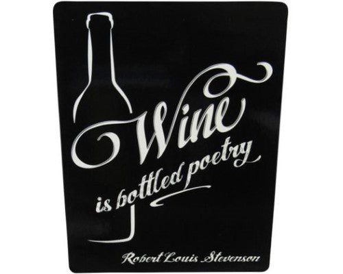 Black and white fridge magnet featuring a wine quote by Robert Louis Stevenson, perfect for wine lovers.