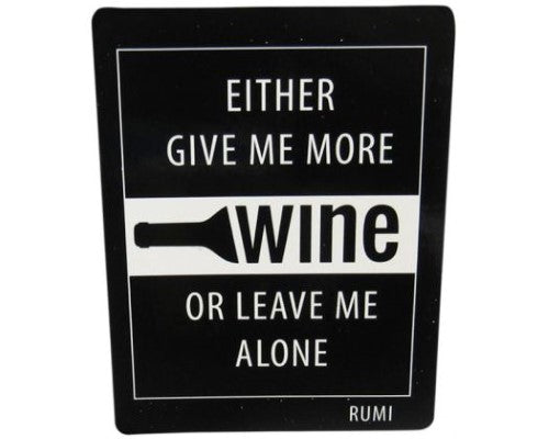 Black and white fridge magnet featuring a Rumi wine quote, measuring 10 cm x 7.7 cm, stylish and inspirational decor.