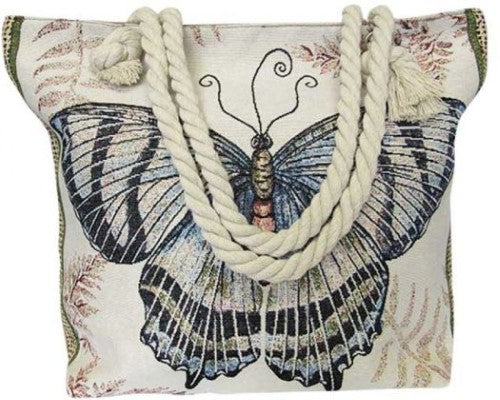 Elegant blue butterflies adorn this spacious tote bag, perfect for beach trips or shopping outings.