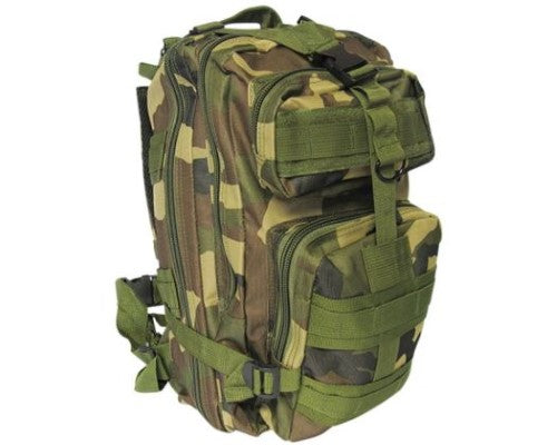 Durable 30L med camo backpack with padded straps, ideal for travel, school, hunting, hiking, and fishing.