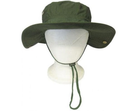 Wide-brim military green hat with 7 cm brim and adjustable chin strap, perfect for outdoor activities.