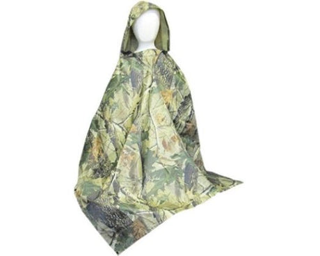 Camo Club Poncho AutumnLeaves: a waterproof camo poncho with autumn leaves pattern, foldable and lightweight for outdoor adventures.