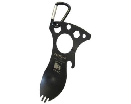 Compact camping multi-tool in black with spoon, fork, bottle opener, screwdriver, and wrench, features a carabiner.
