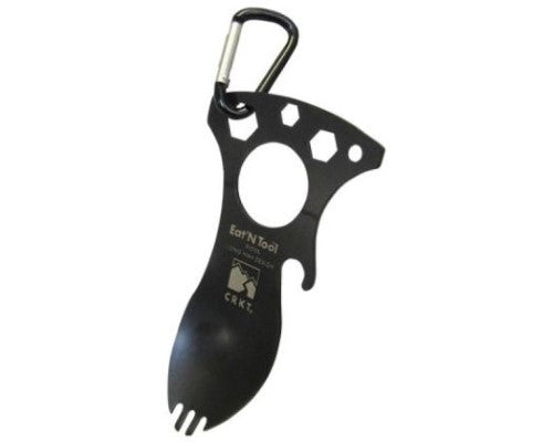 Compact camping multi-tool in black with spoon, fork, bottle opener, screwdriver, and wrench, features a carabiner.