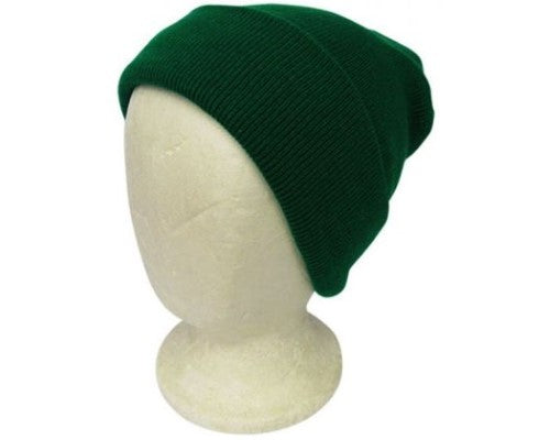 Stylish green beanie made from double-layered knit, perfect for warmth and comfort in cold weather, one-size-fits-all.