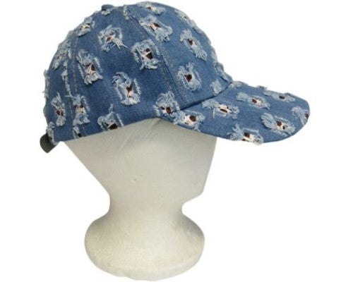 Trendy ripped denim cap with adjustable fit, perfect for casual outings and sun protection.