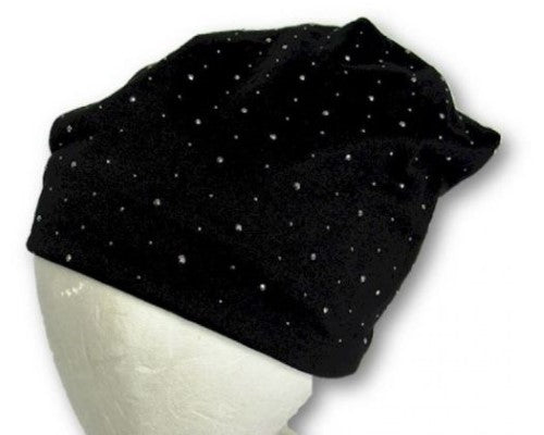 Chic black sparkle beanie, perfect for winter warmth and style, featuring a glittering effect for added glamour.