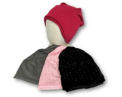 Set of four stylish sparkle beanies in grey, black, pink, and red, perfect for winter warmth and glamour.