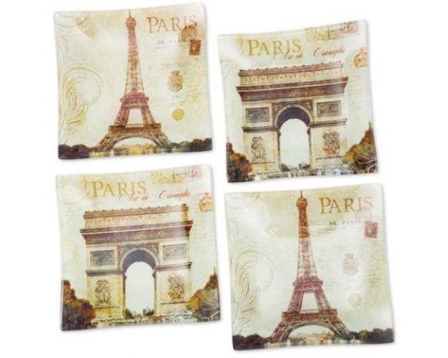 Set of four floral glass plates, 15 cm square, for serving snacks or holding small items, adding Parisian charm to any gathering.