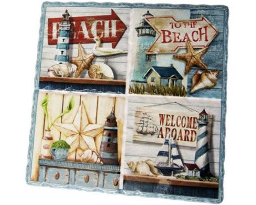 Cork-backed ceramic trivet featuring a beach theme, measuring 15.5 cm x 16 cm.