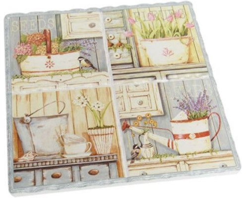 Decorative ceramic trivet tile with a vibrant garden design, measuring 15.5 cm x 16 cm, ideal for protecting surfaces.