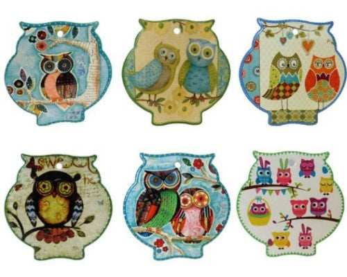 Set of 6 charming owl trivets, cork-backed, heat-resistant, perfect for protecting surfaces and enhancing kitchen decor.