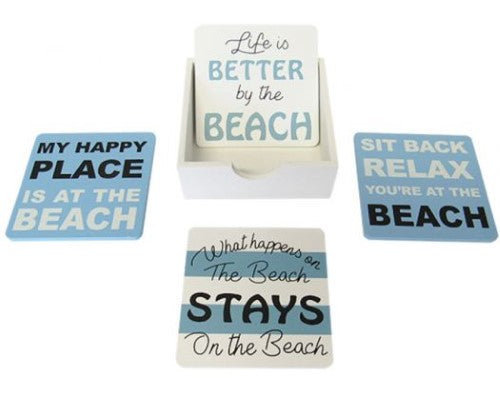 Set of 4 beach-themed coasters in a holder, perfect for adding coastal charm to your home decor.