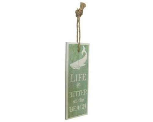 Green Beach Life sign with rope hanger, perfect for coastal decor, measuring 15 cm x 5 cm.