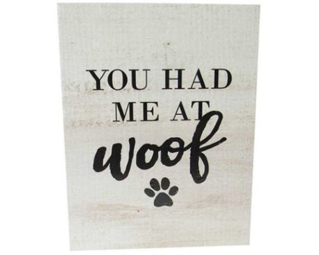 Textured wall art featuring 'You Had Me at Woof', perfect for dog lovers, measuring 26x19.5 cm.