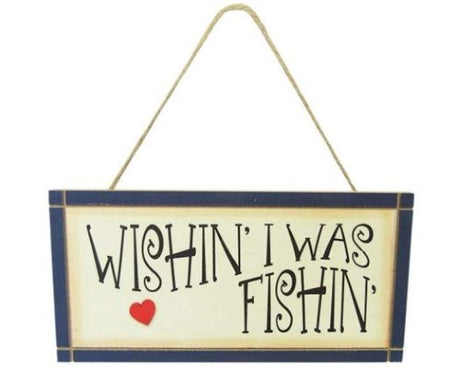 Rustic wall art sign featuring 'Wishin' I Was Fishin' phrase, perfect for fishing enthusiasts, measures 24 x 12 cm.