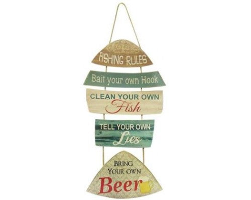 Charming MDF Fishing Rules wall art sign with rope hanger, measuring 63 x 35 cm, ideal for fishing enthusiasts.