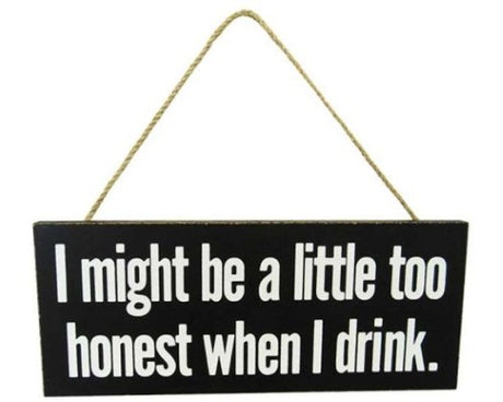MDF wall art 'Drink Hanger Honest' measuring 24 x 10 cm, featuring a humorous phrase with a sturdy rope hanger.