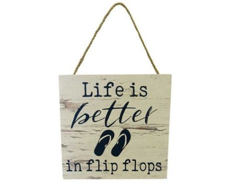 Wooden beach sign flip flops with 'Life is better in flip flops' text, perfect for seaside decor and summer outings.