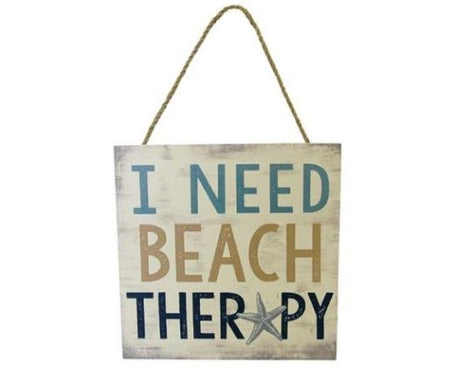 Rustic 'I Need Beach Therapy' wooden sign with rope hanger, perfect for coastal decor at your beach house or bach.